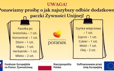 Pilne! Ponawiamy prośbę o jak najszybszy odbiór dodatkowej paczki Żywności Unijnej!